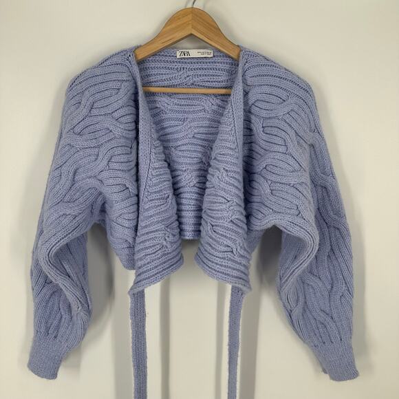 ZARA Wrap Cardigan Chunky Cable Knit Cropped Sweater Periwinkle, Bloggers Fav - Picture 6 of 13